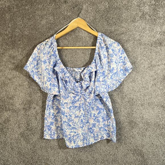 Lush Shirt Womens XL Blue Floral Flutter Short Sleeve Scoop Neck Elastic Back - Picture 1 of 14